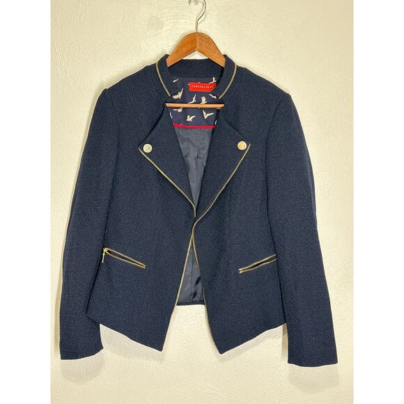 Lorenza Blau Lined Blazer 30 Navy Blue Gold Zip Trim Classic Preppy Coastal - Picture 9 of 16